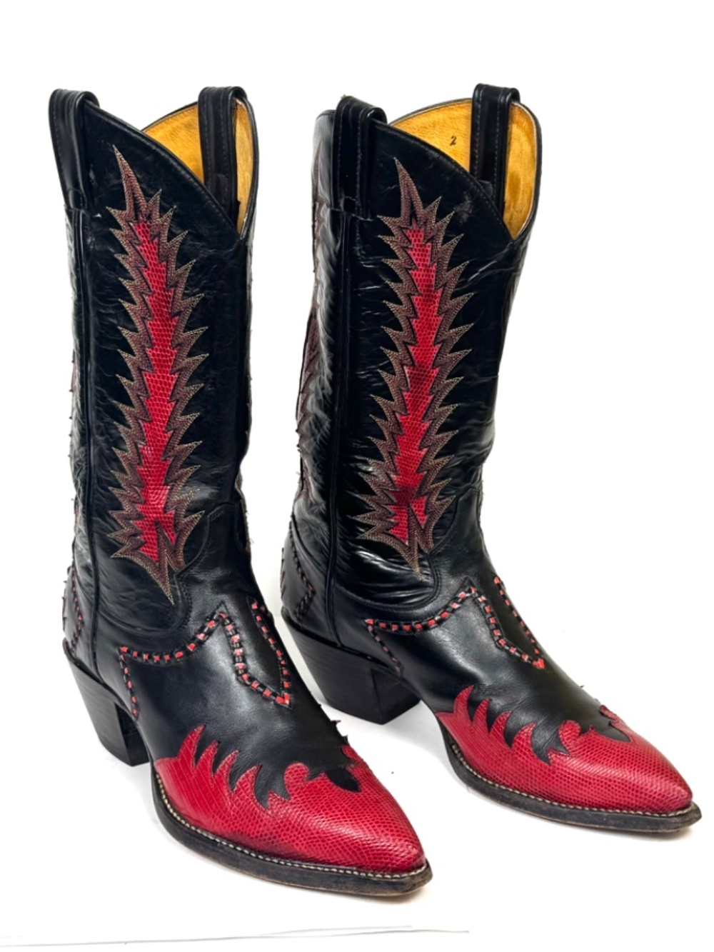 Tony Lama Classic Firewalker Black Cowboy Boots - Mens 8D Red Lizard Inlaid - Picture 2 of 12